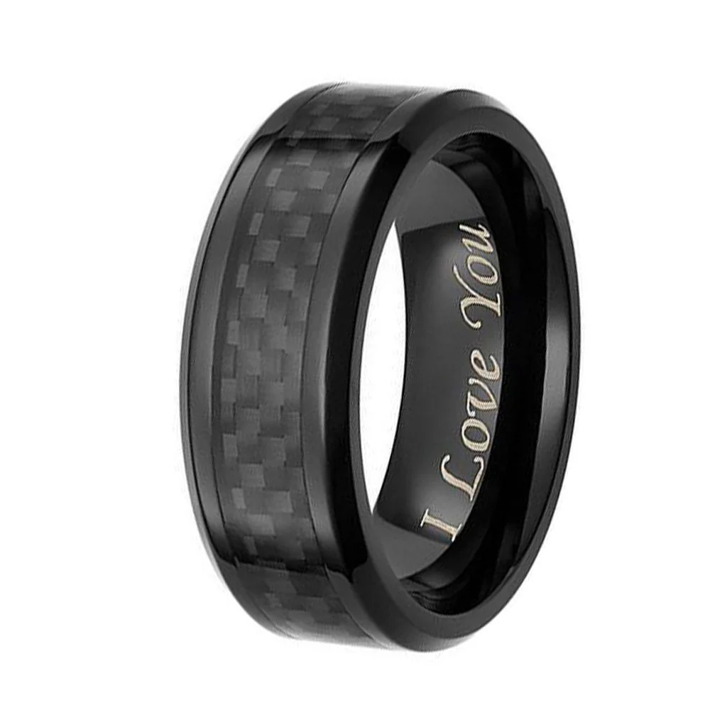 6MM 8MM Tungsten Black Carbon Fiber Inlay Polished Finished For Men Wedding Bands with I Love You