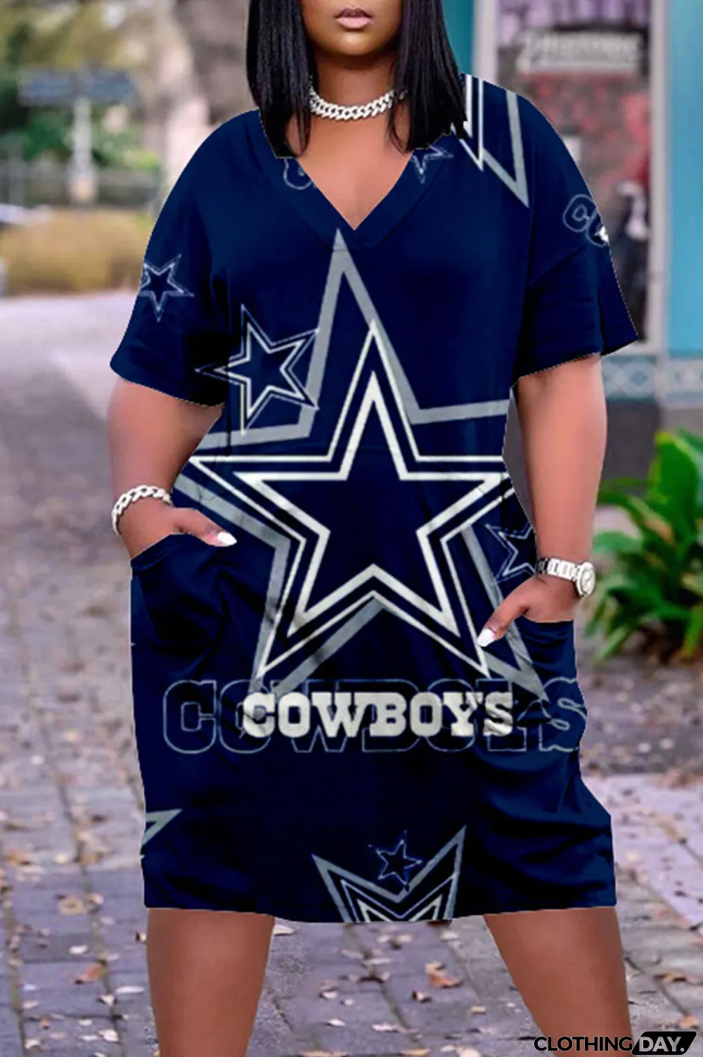 Blue White Casual Print Patchwork V Neck Straight Dresses