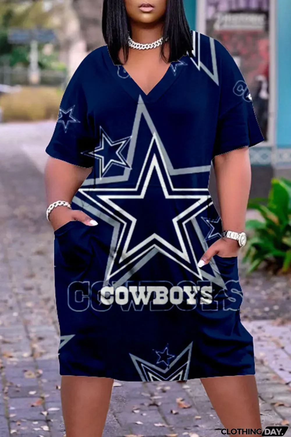 Blue White Casual Print Patchwork V Neck Straight Dresses