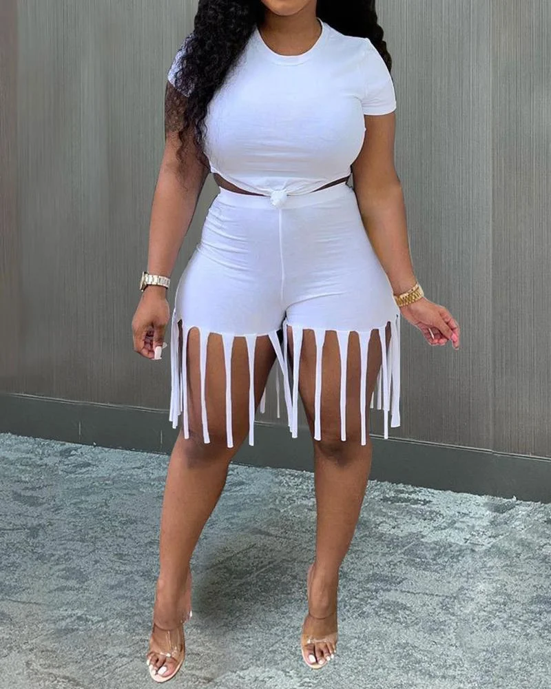 Sporty Fringe Embellished Bodycon Tank & Shorts 2-piece set