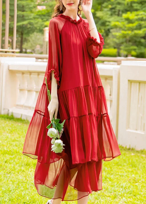 Organic Red Ruffled Patchwork Silk Long Dress Summer