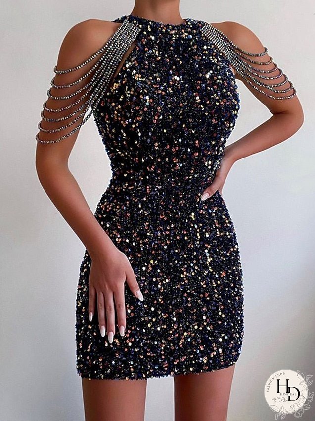 Bodycon Mini Dress Black Pink Sleeveless Pure Color Sequins Tassel Fringe Beads Spring Summer Crew Neck Hot Elegant Party S M L XL / Party Dress for Women