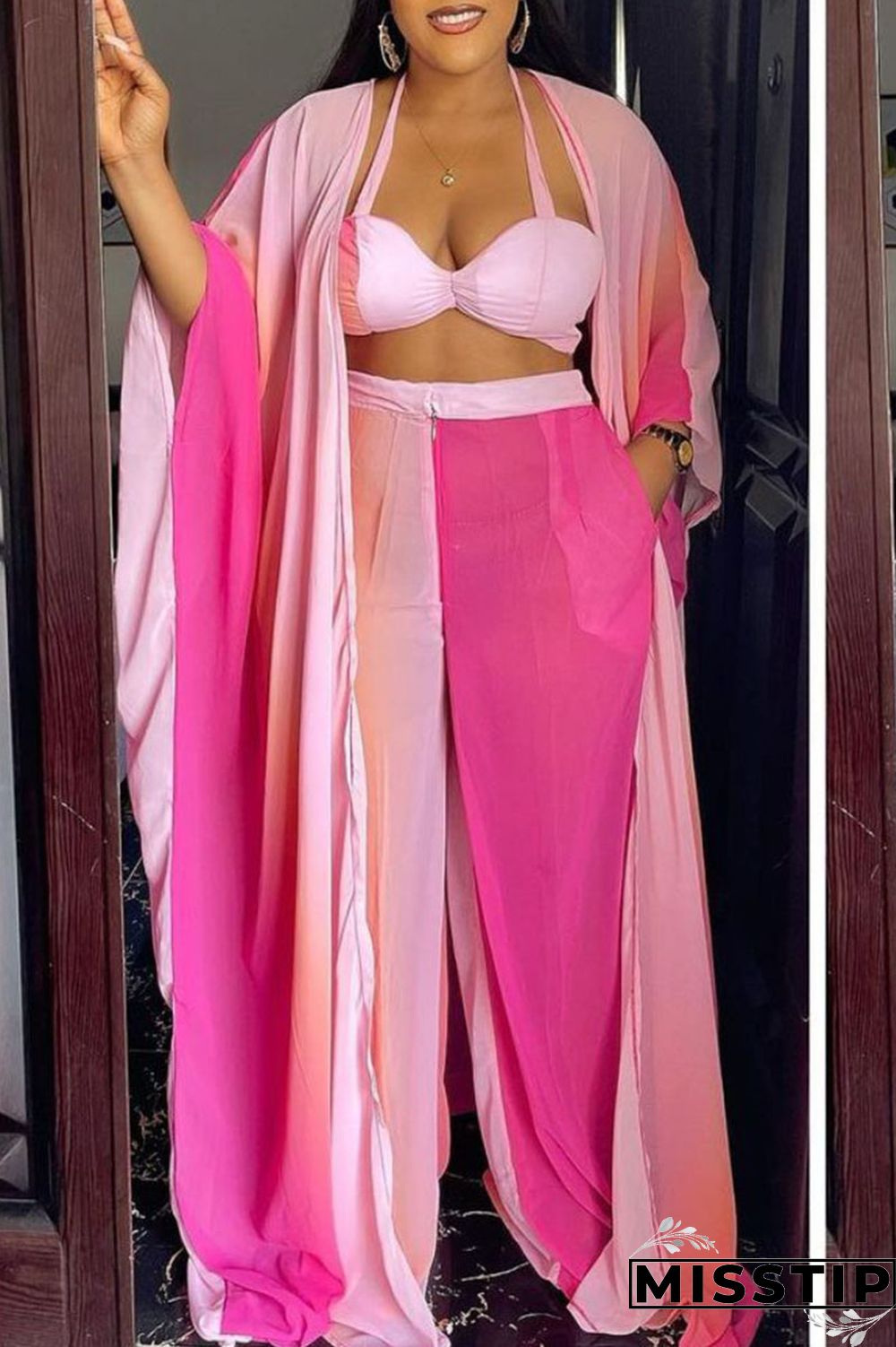 Burgundy Casual Print Patchwork Halter Long Sleeve Four Pieces(Contain The Scarf)