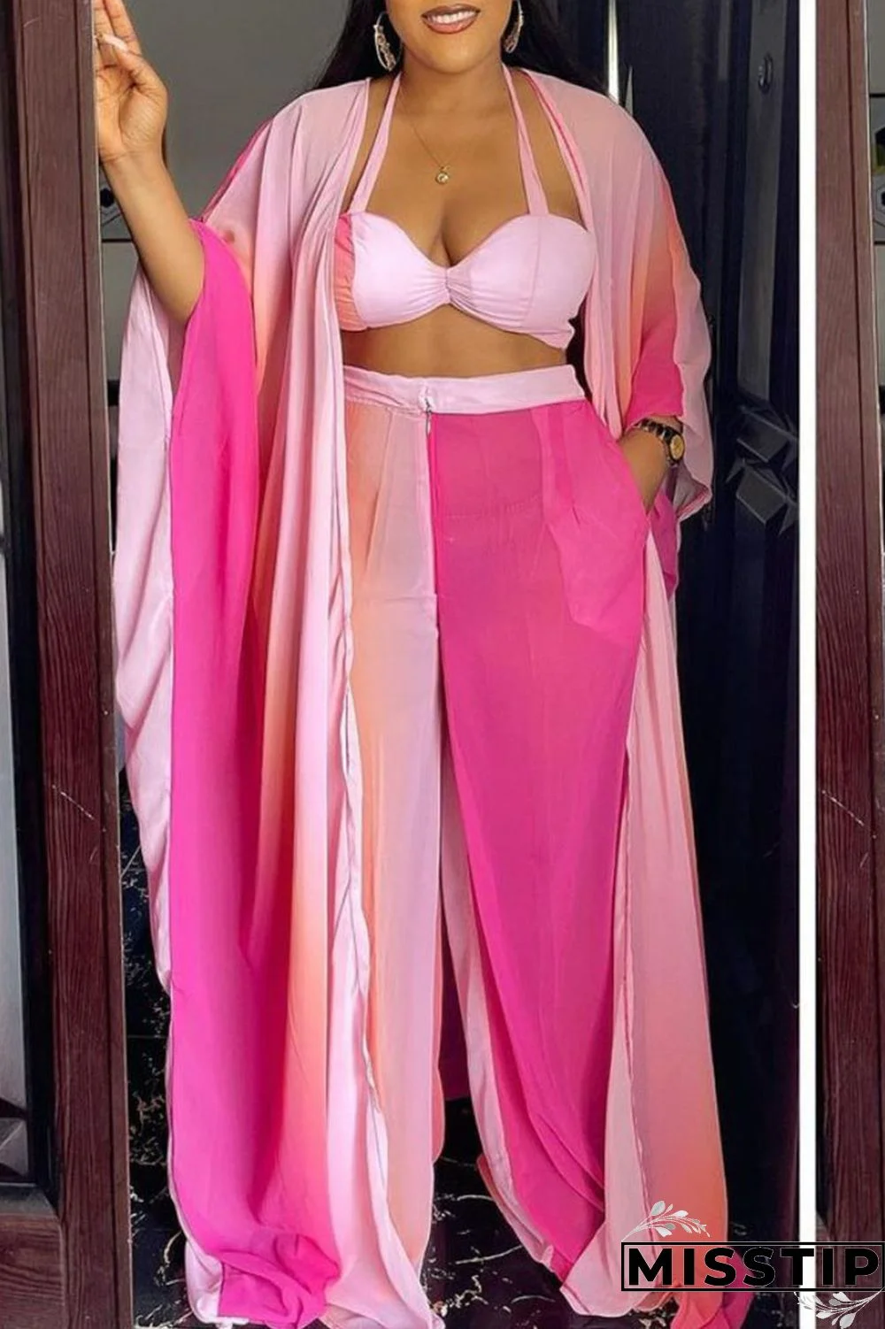 Burgundy Casual Print Patchwork Halter Long Sleeve Four Pieces(Contain The Scarf)