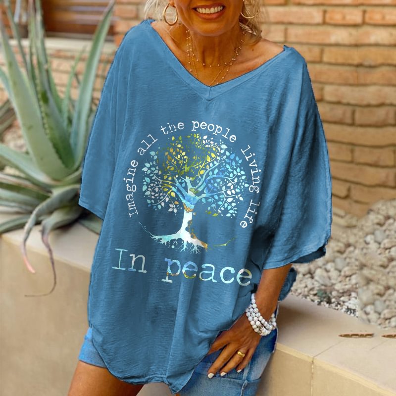 Oversized Imagine All The People Living Life In Peace Tree Printed Women Hippie T-shirt