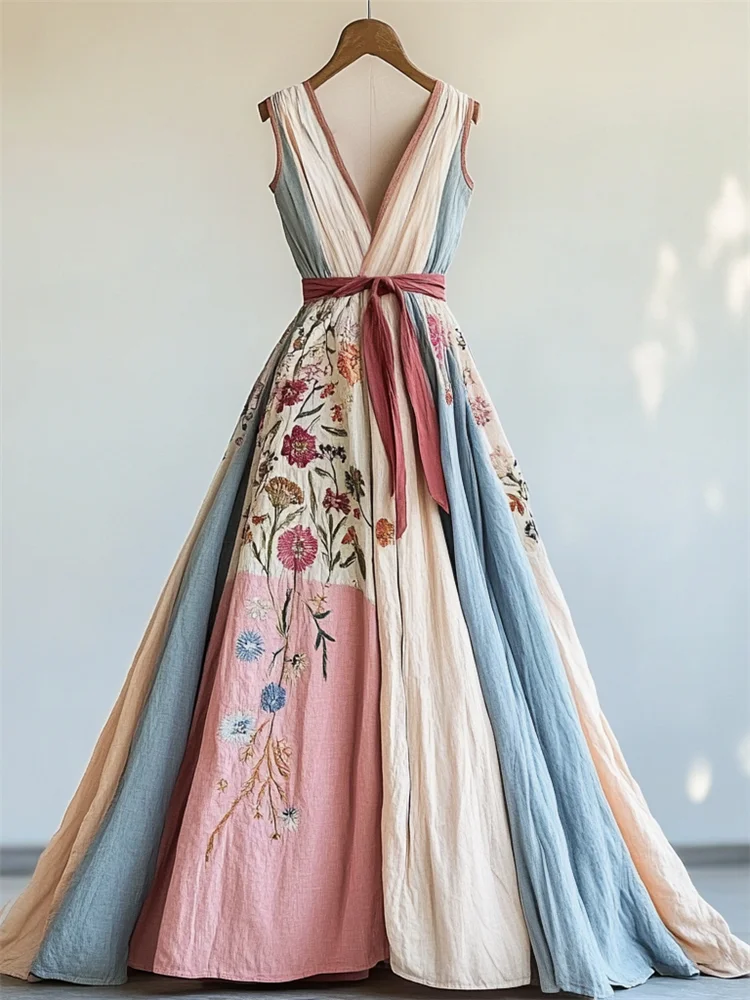 Boho Floral Transgender Colorblock Linen Maxi Dress