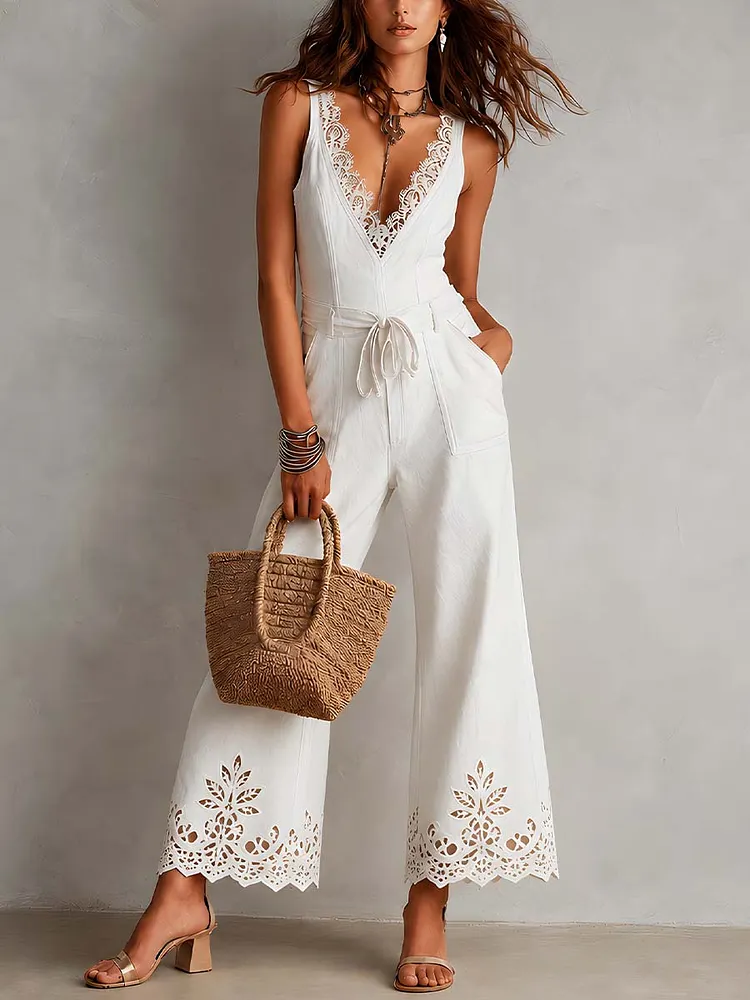 Vintage Lace Trim Cut-Out Embroidered Jumpsuit