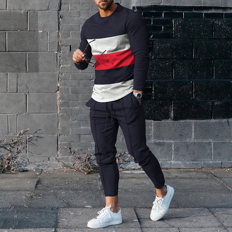 Three Color Stitching Casual T-Shirt And Pants Two Piece Set