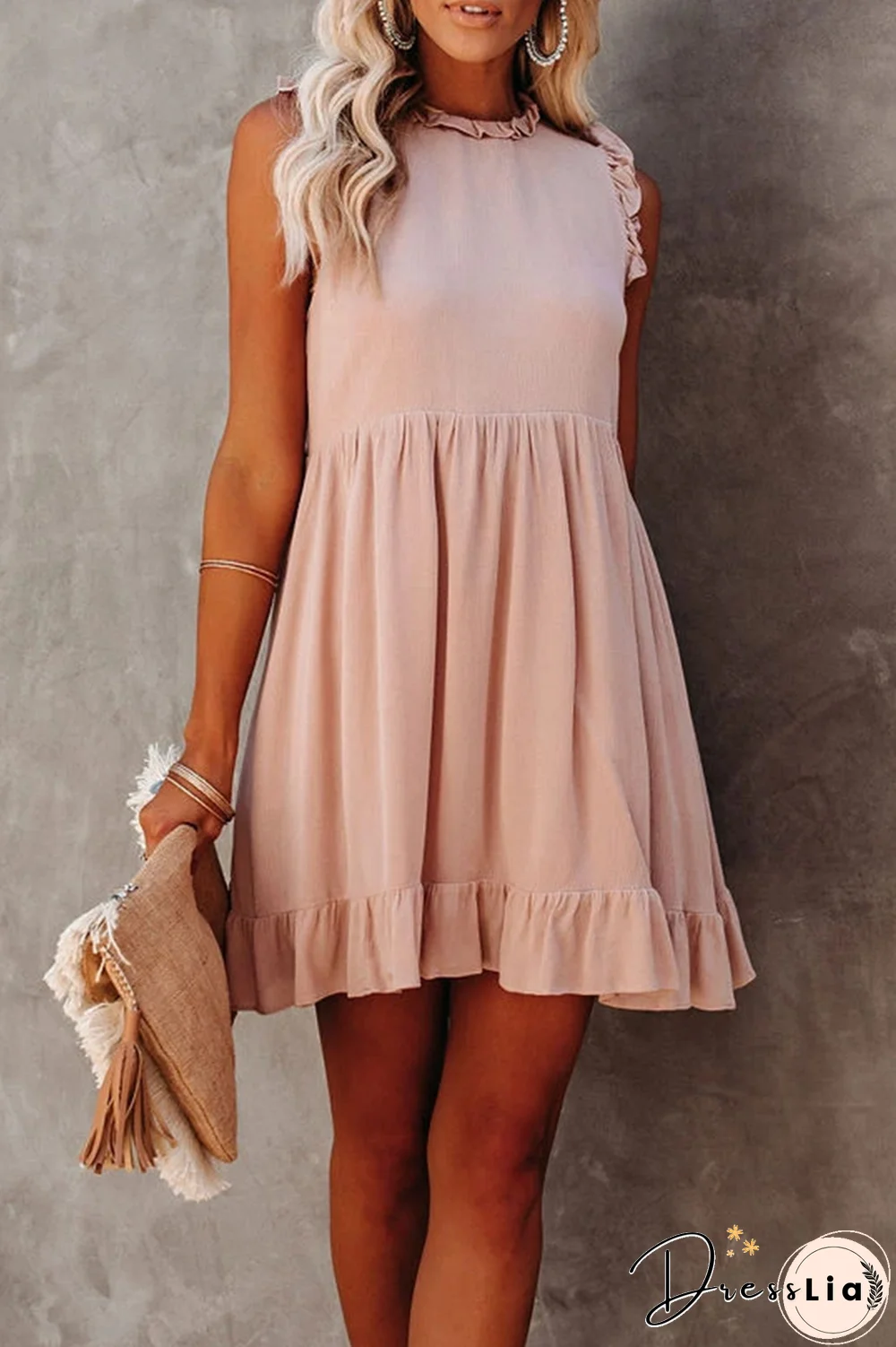 Casual Solid Flounce Half A Turtleneck Cake Skirt Dresses(3 colors)