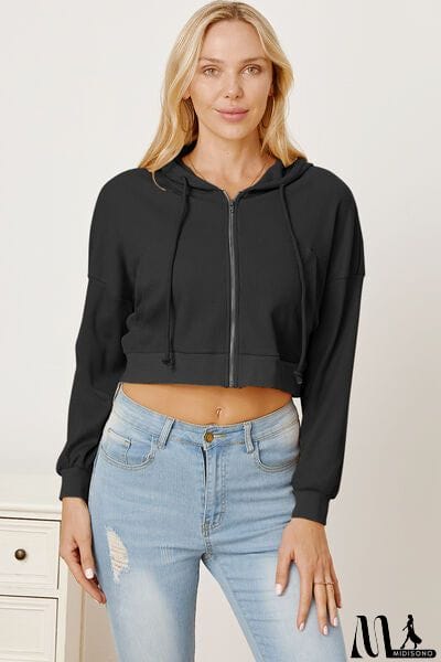 MidiSono - Waffle-Knit Drawstring Zip Up Hoodie