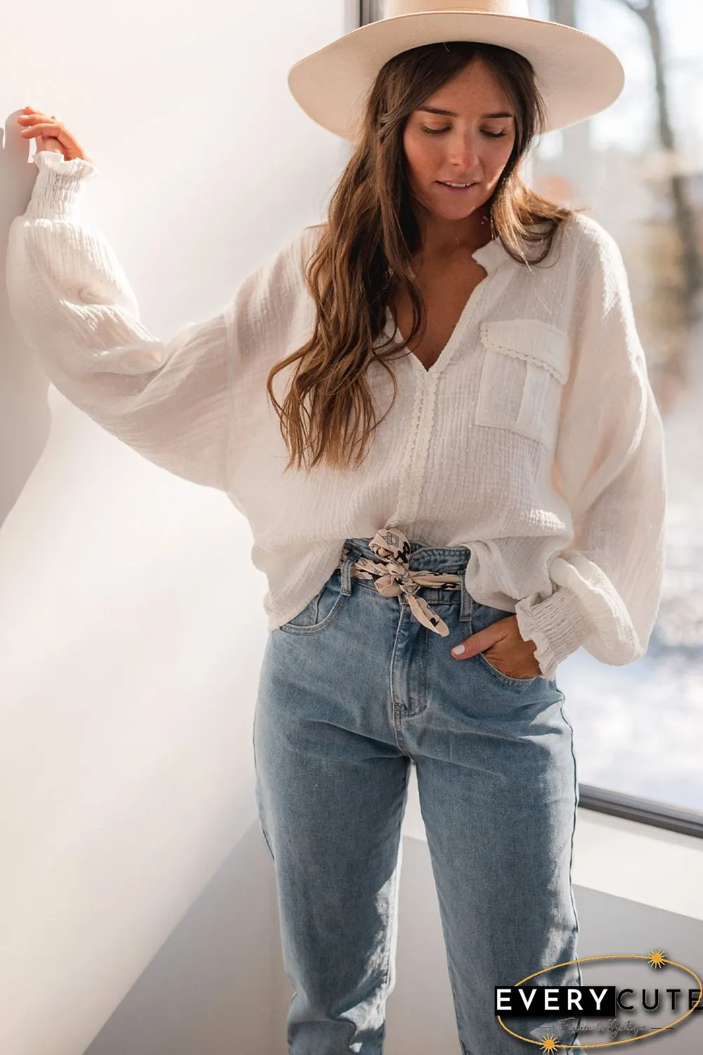 White Lace Trim Dotty Crinkle Texture Shirt