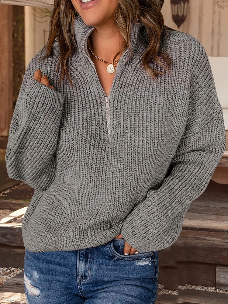 Zipper Pullover Loose Sweater Plus Size