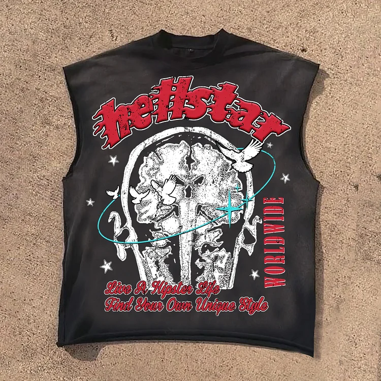 Men's Hellstar Personalized Street Skull Print Acid Washed Tank Top