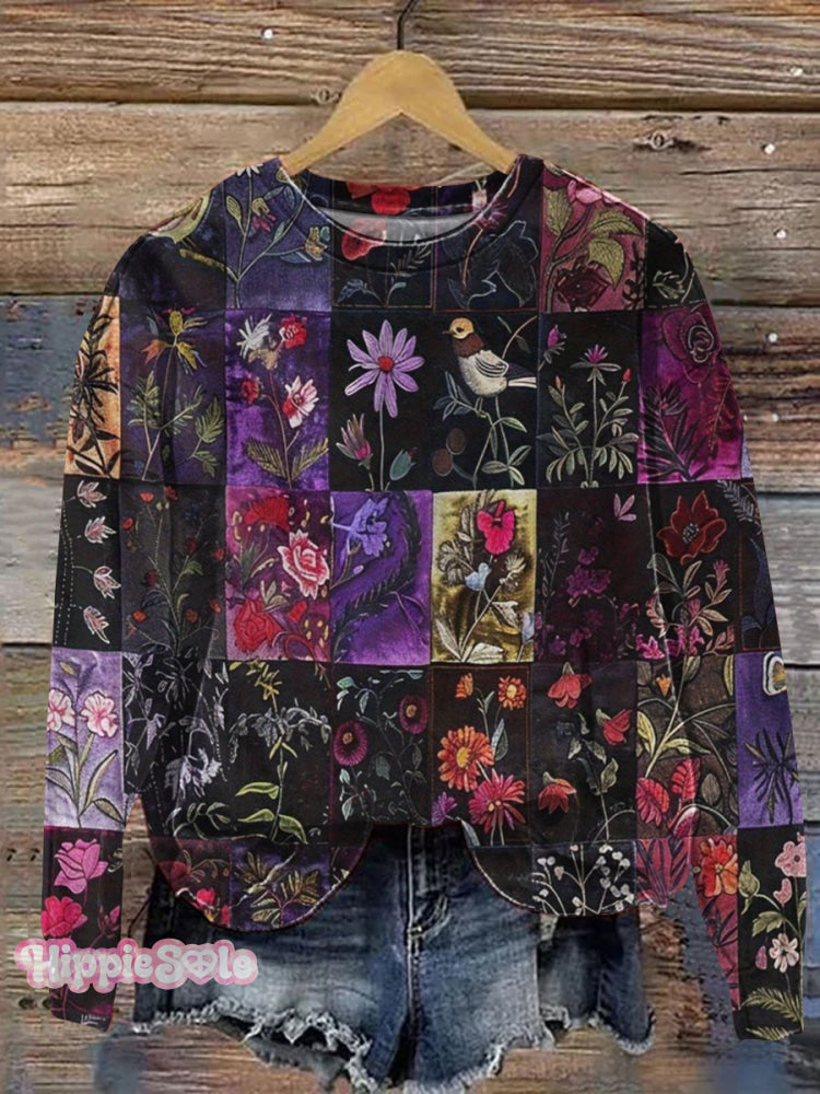 Vintage Floral Patchwork Art Print Casual Sweatshirt Multicolor / S