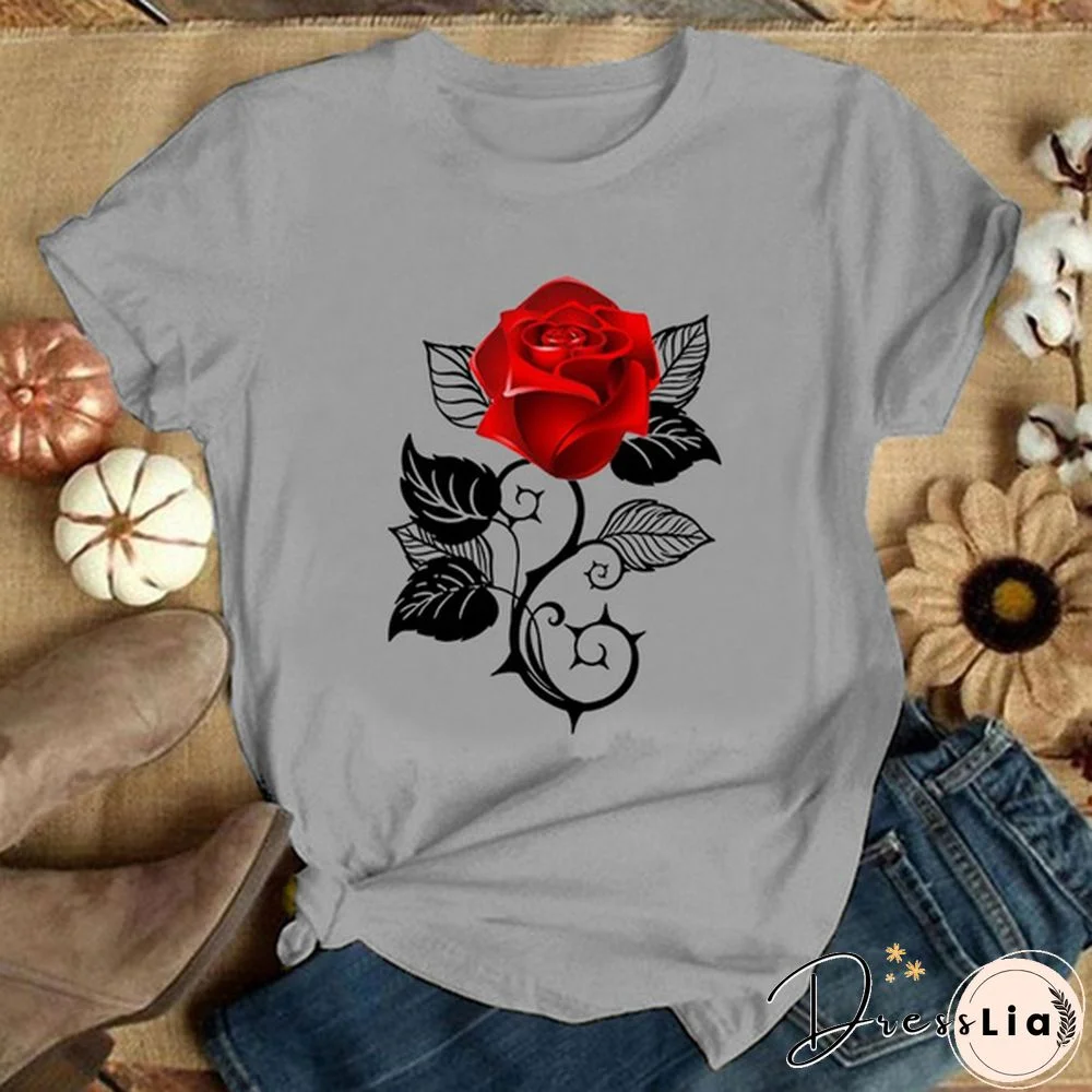 Girls and Women's Fashion Red Rose Printed T-Shirt Cute Graphic Tee Shirt Ladies Summer T-shirts Casual Plus Size Tops Flower T Shirts