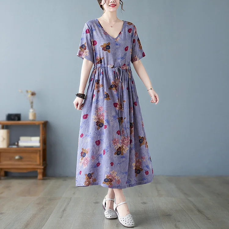 Literary Print V-Neck Short Sleeve Midi Dress