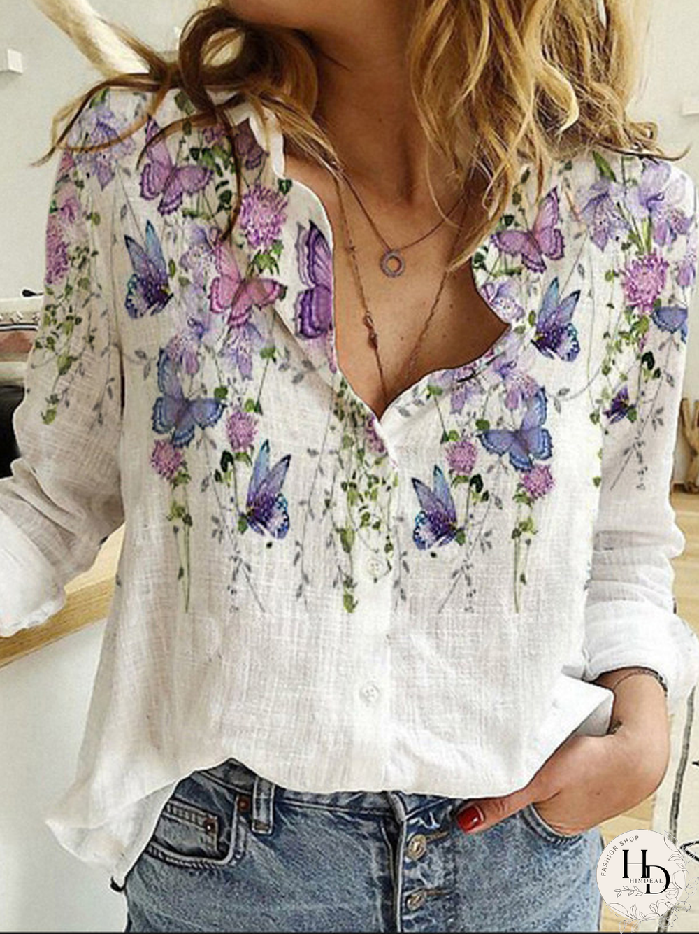 Printed Shirt Collar Long Sleeve Casual Blouse