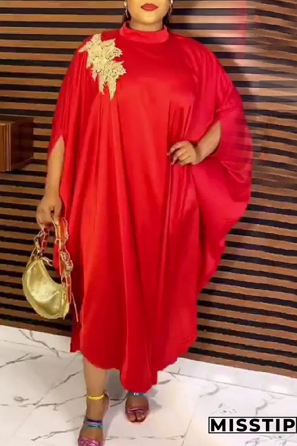 Red Casual Solid Patchwork Half A Turtleneck Long Dress Plus Size Dresses
