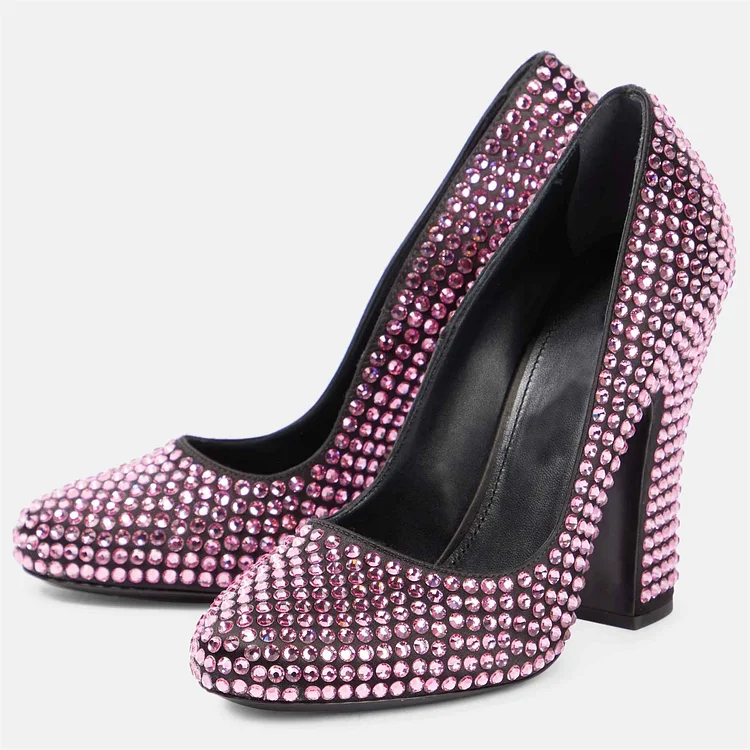 Pink Rhinestone Round Toe Block Heel Pumps Evening Shoes |FSJ Shoes