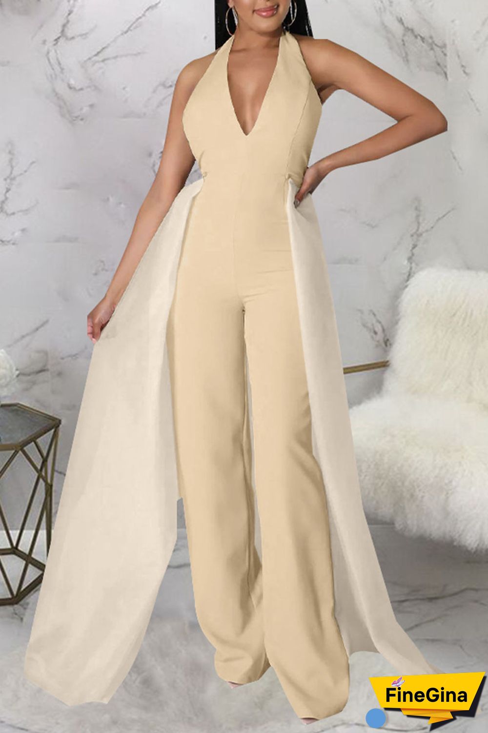 Apricot Sexy Solid Patchwork Backless V Neck Straight Jumpsuits