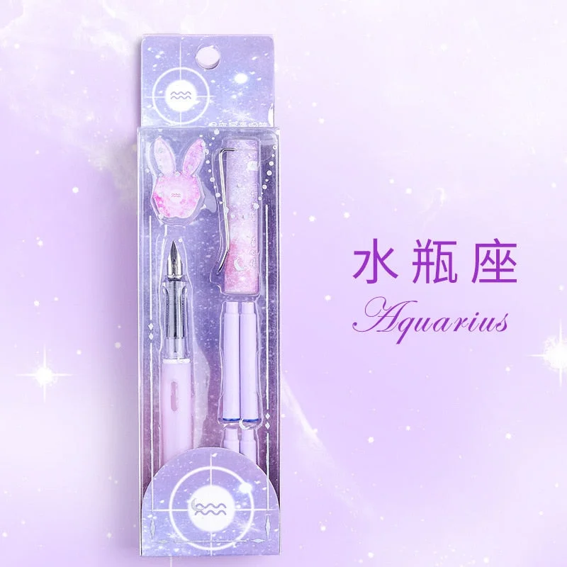 Twelve Constellations Fountain Pen with Ink Cartridge Gift Set EF Nib Writing Posture Correction Cute Pens for Kids Students