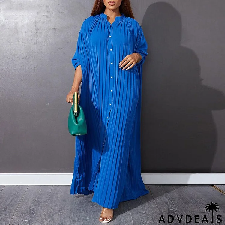 Women Fashion Plus Size Solid Color Loose Casual Creased Maxi Dress