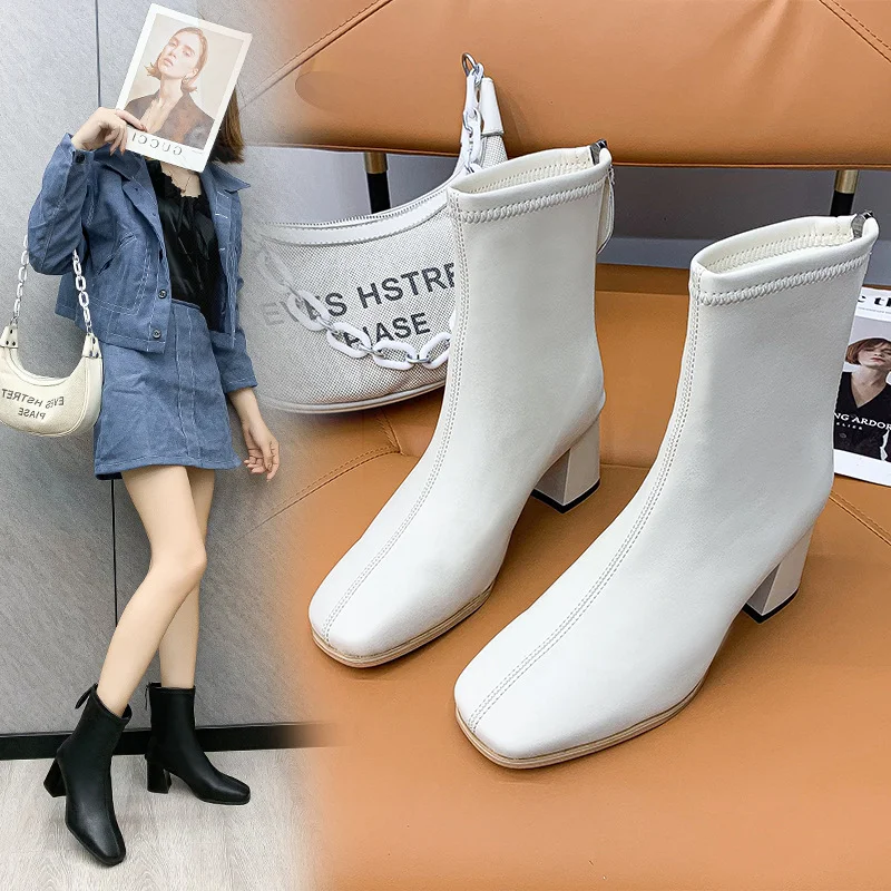 Breakj Breakj Short Boots Femininity Coarse And Female Boots 2023 Autumn And Winter New Square High And Thin Leg Size Martin Boots