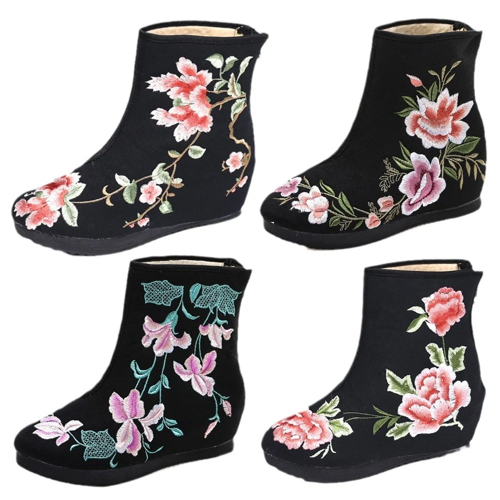 Breakj Breakj Boots Embroidered Cloth Boots Women Winter Clip Cotton And Velvet Short Boots With High Slope Heel And High Heel Embroidered Boots