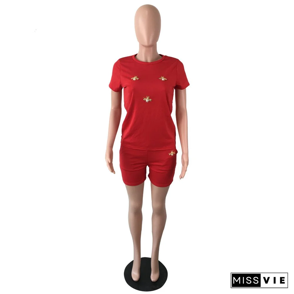 Summer Fashion New Bees Decorative Solid Color Short Sleeve T Shirt Pocket Shorts 2 Piece Set