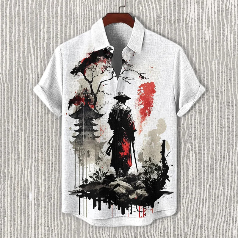 Men's Samurai Tower Tree Japanese Art Print Short Sleeve Shirt