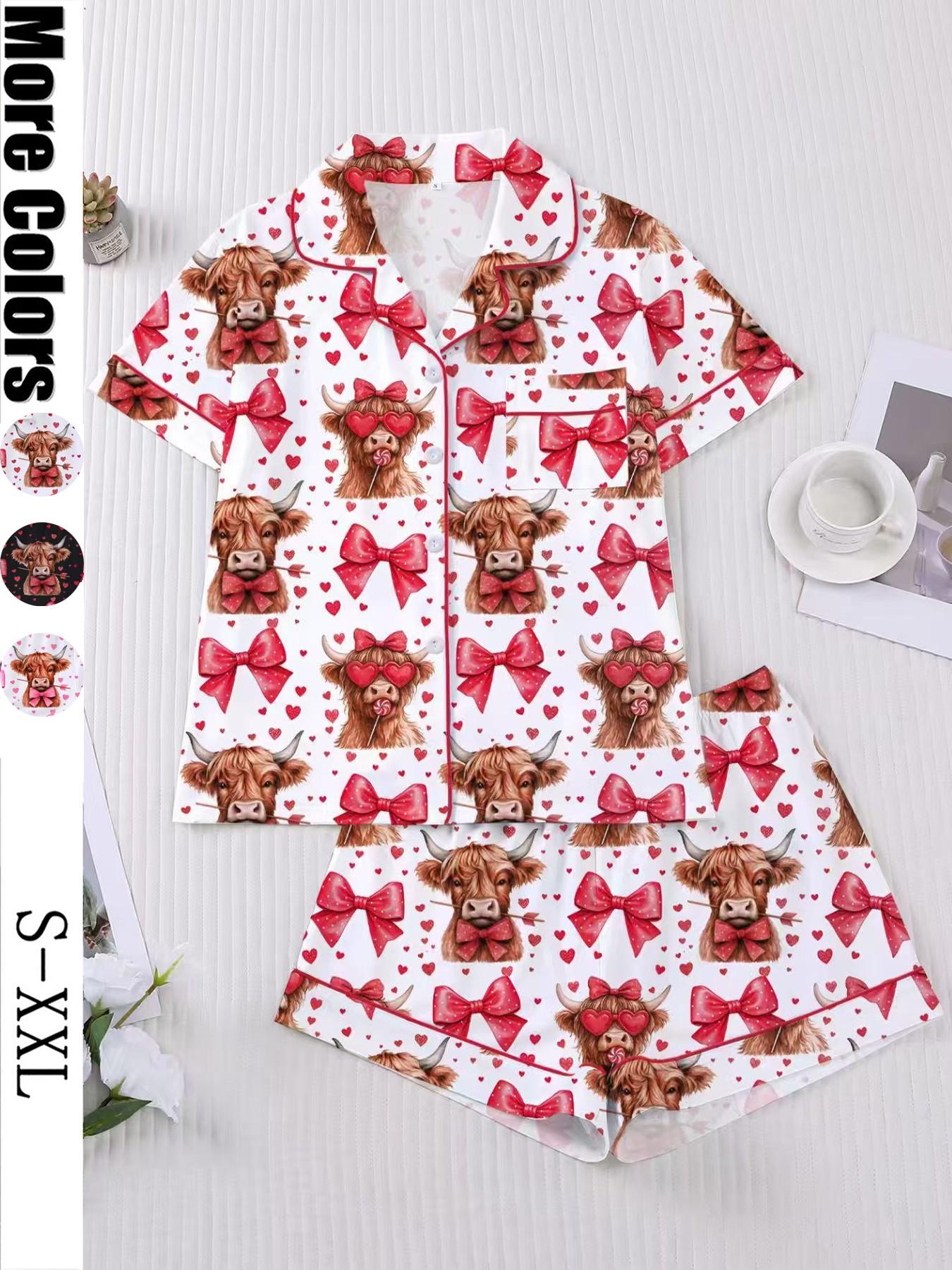 Women's Sleepwear Set, Pajama Set, Pjs, Short Sleeve Button-Up Top & Elastic Shorts, Soft Fitted Design, All-Season Comfortable Homewear, Lady Loungewear, Heart