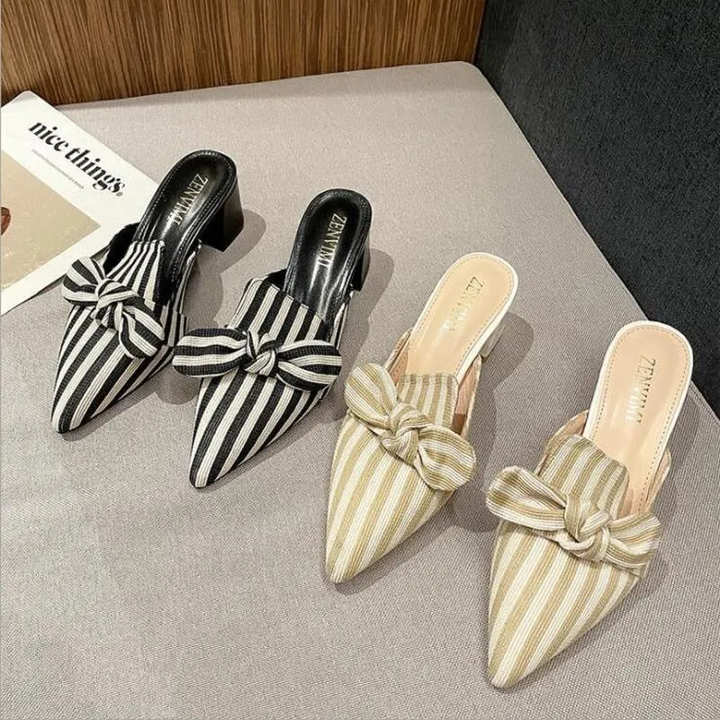 2021 Summer Women's Slippers Chic Women's Shoes Korean Silk Satin Pointed Bow Tie Slippers Baotou Flat Heel Sets Semi Slippers