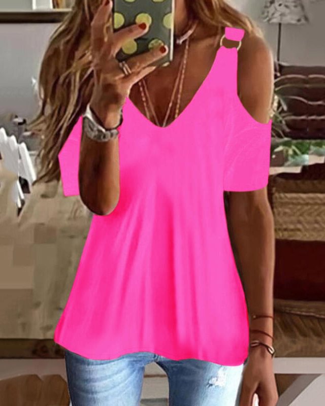 Sexy Solid Color Ring Top with Short Shoulder Sleeves