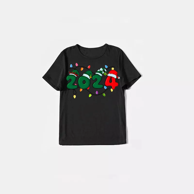 Christmas "2024" Letter Print Black Short Sleeve with Red & Black Plaid Pant Family Matching Pajamas