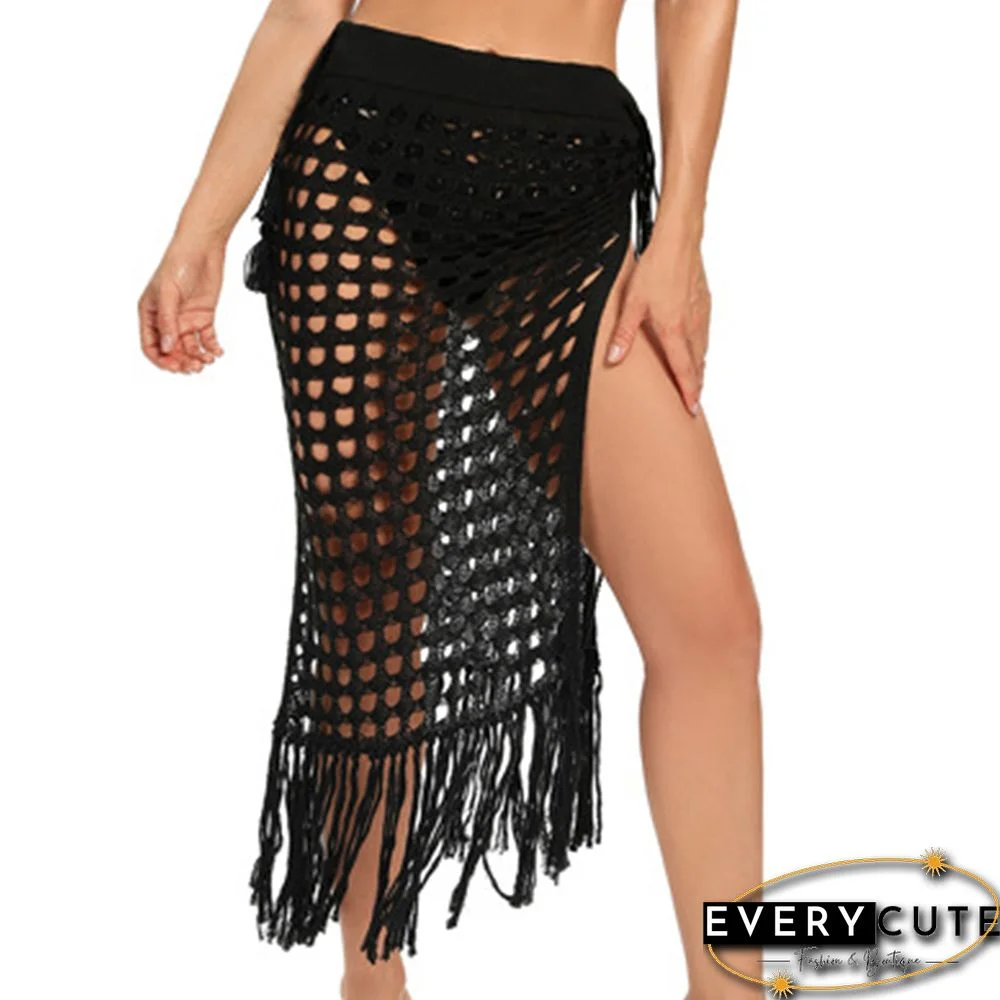 Black Hollow-out High Split Tasseled Beach Skirt