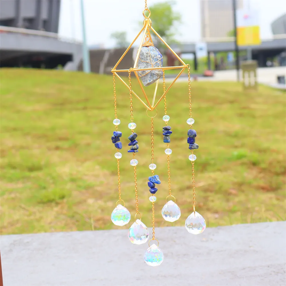 Crystal Wind Chimes Natural Stone Prism Light Catcher Decor (Dark Blue)