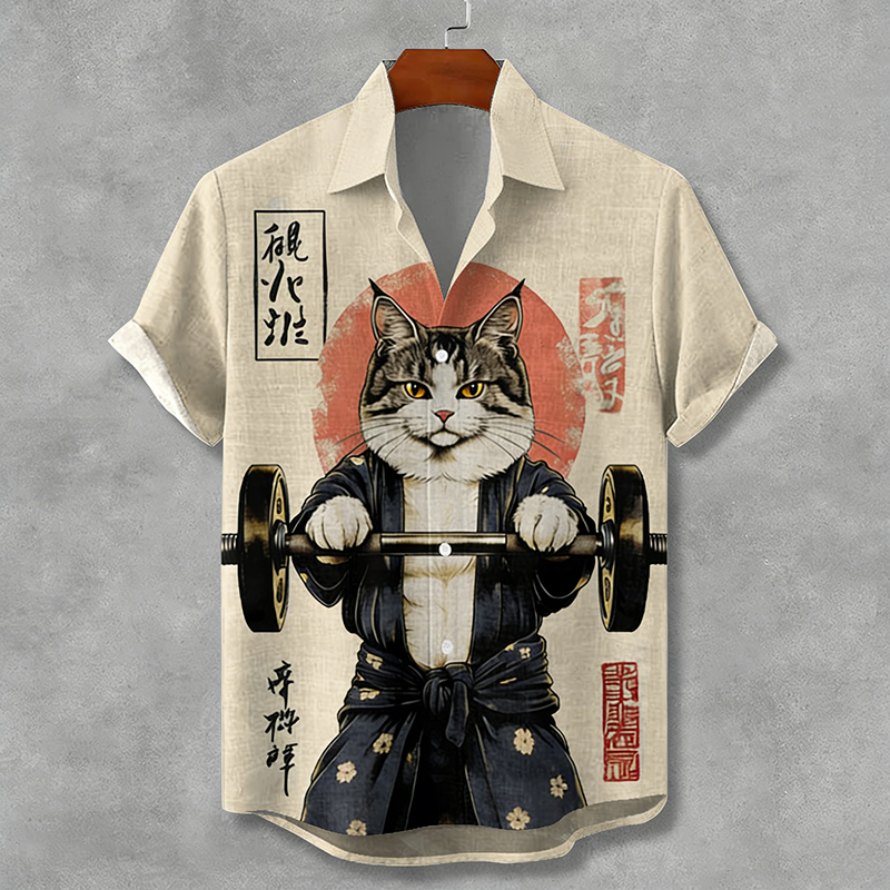 Men's Kimono Cat Weight Lifting Art Print Short Sleeve Shirt elevenforest