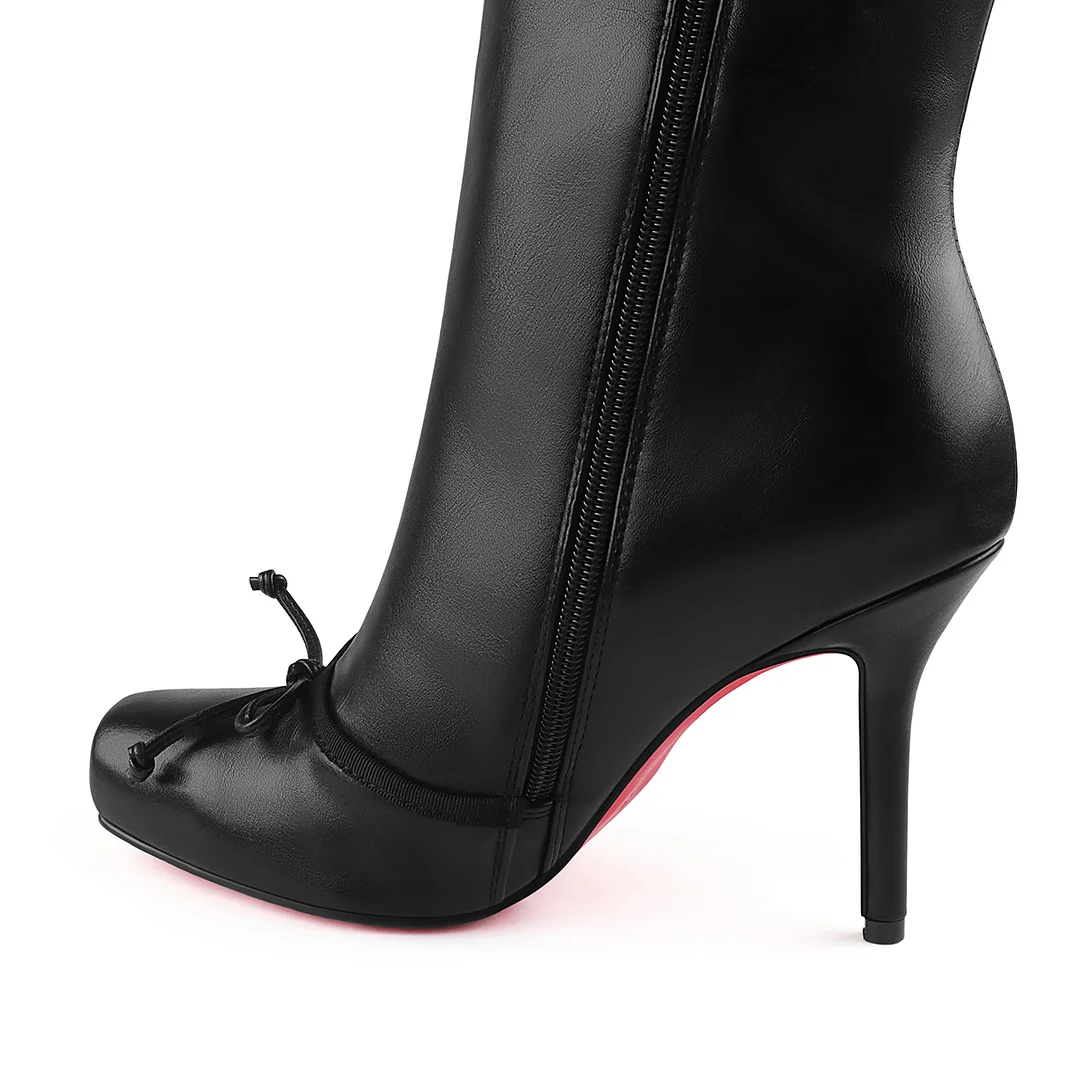 100mm Women's Knee Boots Red Bottom Matte Bowknot Knee Boots-MERUMOTE