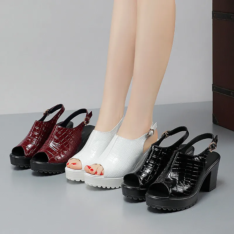 Breakj Breakj Mouth Patent Leather Crocodile High Heel Sandals Summer White Wedding Shoes Waterproof Table Thick Cheongsam Walking Shoes Coarse Heel Women's Shoes