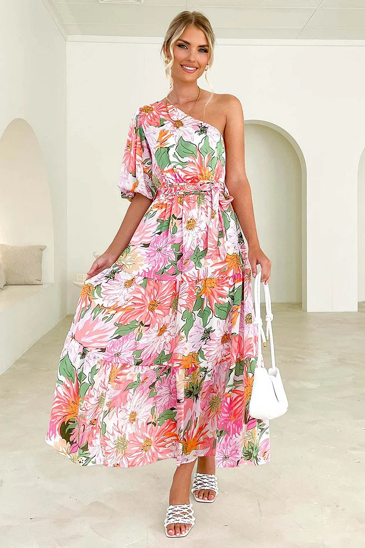One Shoulder Half Sleeve Floral Print Tied Up Tiered Pleated A-line Vacation Maxi Dress
