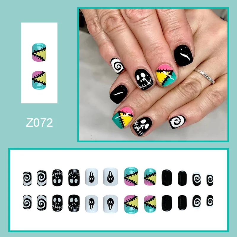 Churchf Churchf Ghost Face Beauty Nail Piece Black And White Vortex Wear Armour Fake Nail Square Short Nail Piece Direct Removable