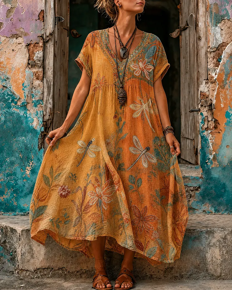 Women's Vacation Linen Boho Floral Print V-Neck Short Sleeve Maxi Dress