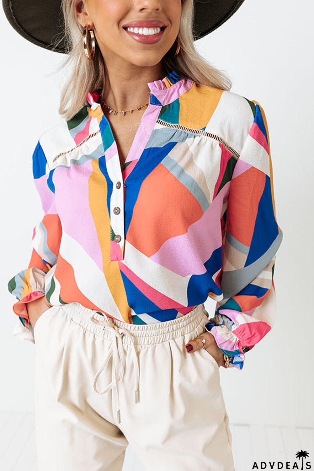 Geometric Patchwork Print Half Buttoned Blouse