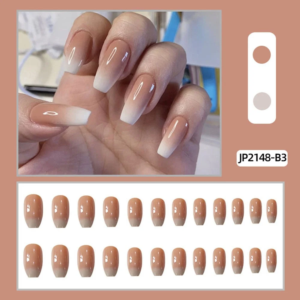 24Pcs Gradient French Fake Nails With Glue Glitter Rhinestone Design Acrylic Ballet Press On Nails Full Cover False Nail Tips