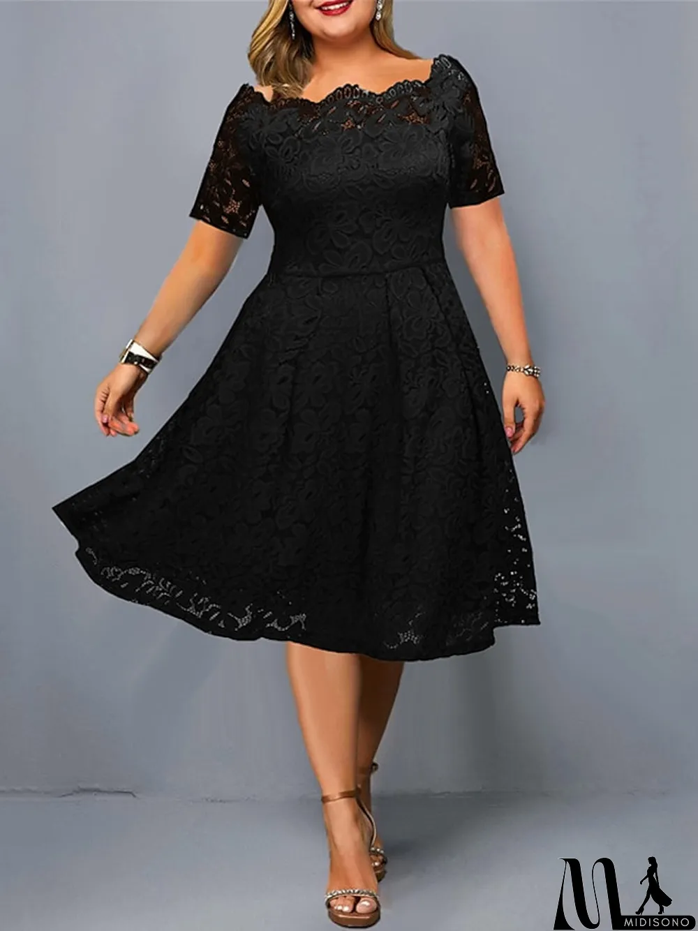 MidiSono - Women's Lace Dress Plus Size Red Chirstmas Dress Curve Party Dress Solid Color Off Shoulder Short Sleeve Fall Spring Elegant Formal Midi Dress Formal Party Dress