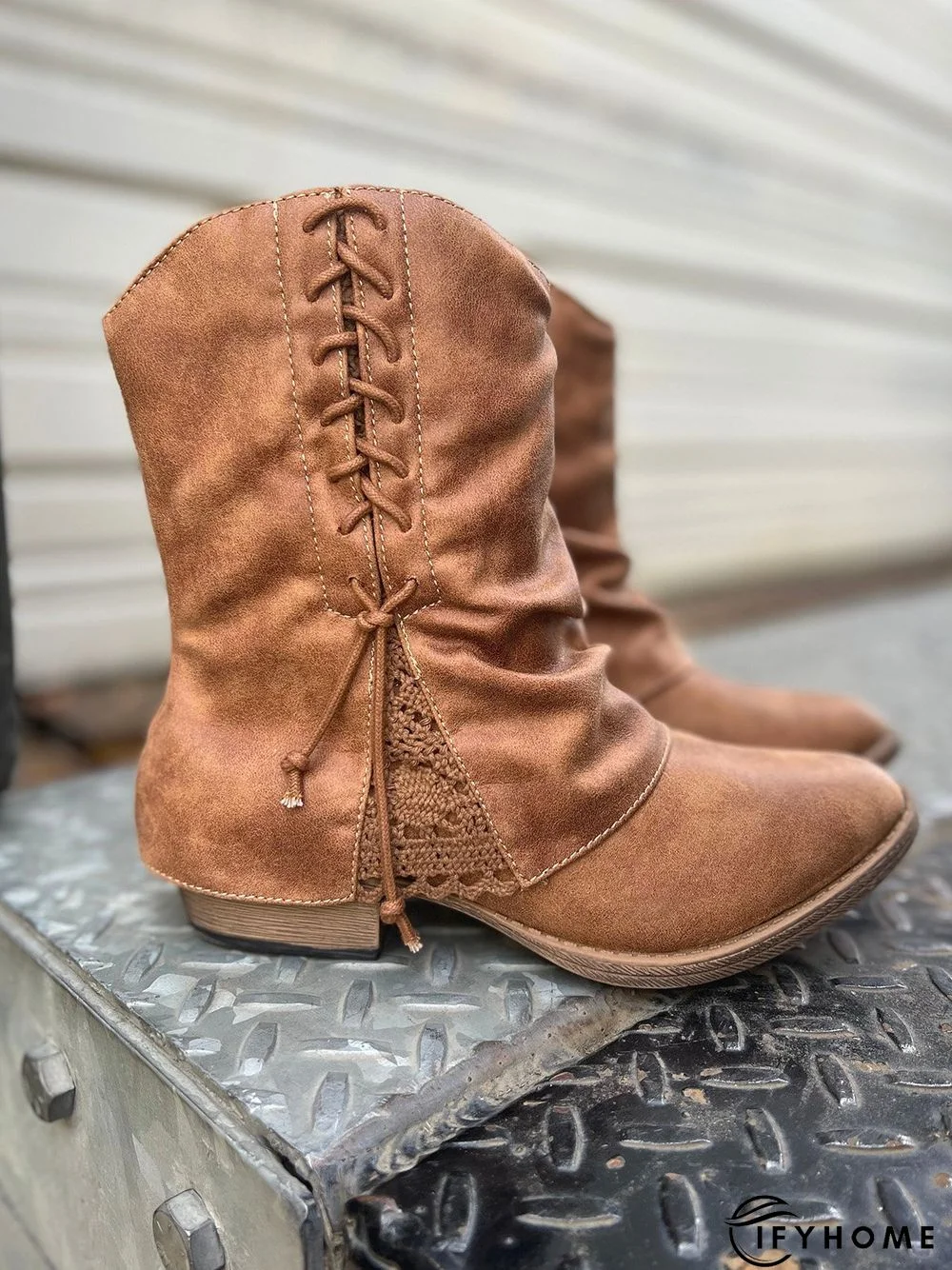 Women's Cross Lace Lace Panel Vintage Chunky Heel Chukkas Booties | IFYHOME