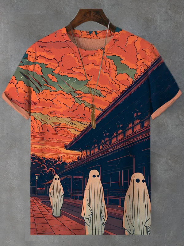 Men's Japanese Ghosts Through The Courtyard Sunset Print T-Shirt
