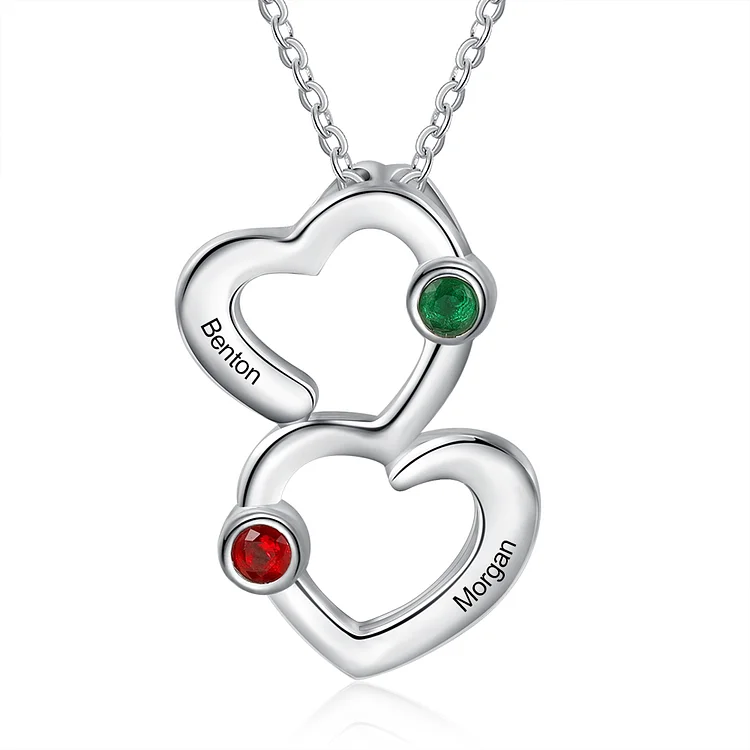 Personalized Heart Necklace with 2 Birthstones Engraved 2 Names Gifts for Mom