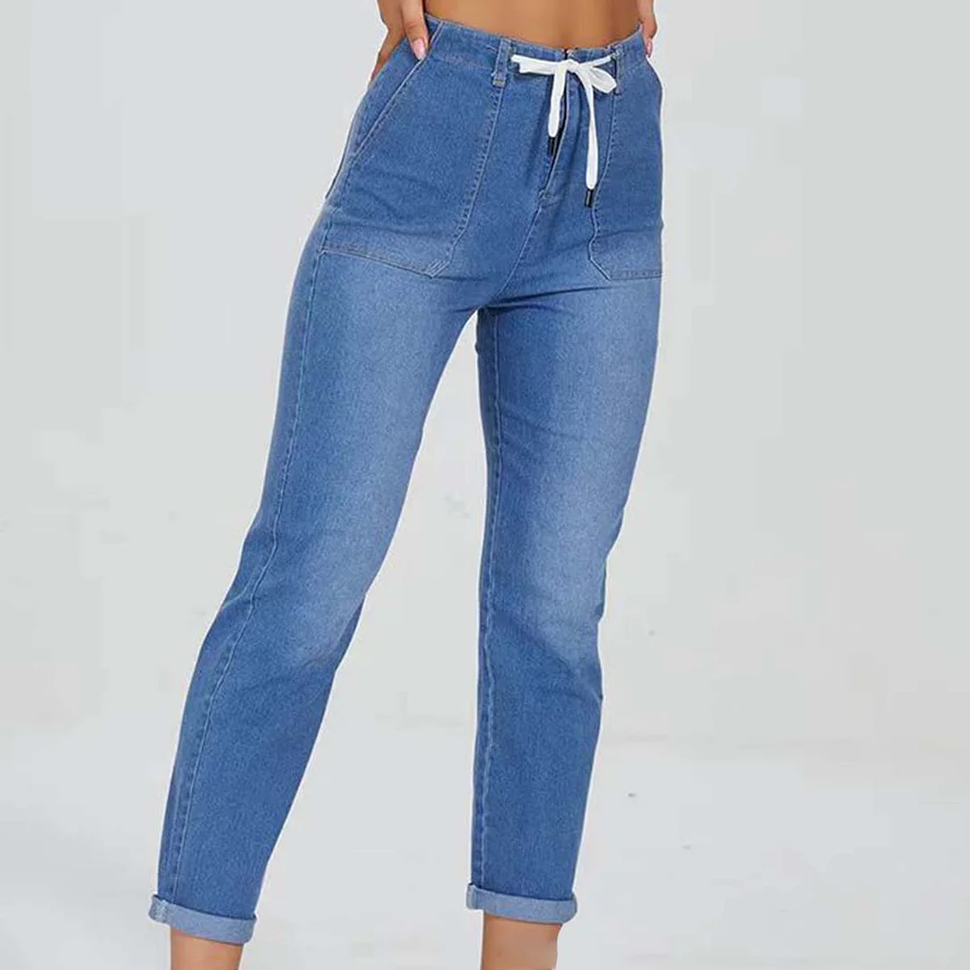 Smiledeer Ladies Drawstring Elastic Waist Slim Denim Trousers