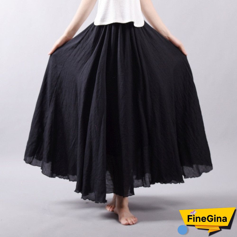 Women Linen Cotton Long Skirts Elastic Waist Pleated Maxi Skirts Beach Boho Vintage Summer Skirts Faldas Saia